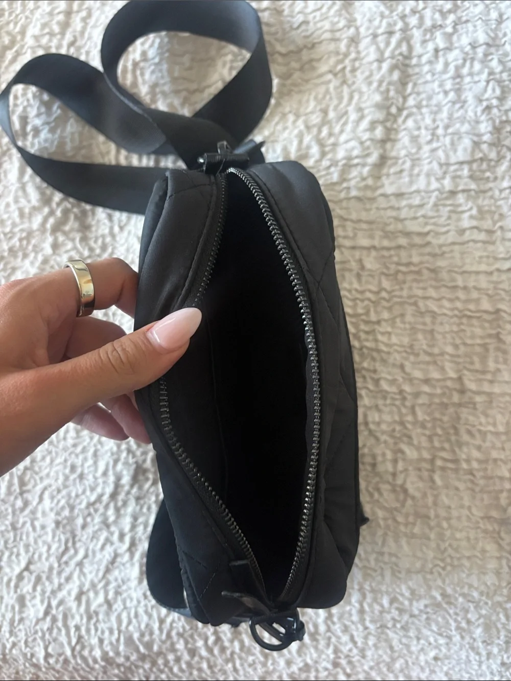 Black Quilted Crossbody Bag with Wide Adjustable Strap